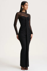 Cadenza | Black Crew-Neck Maxi Dress With Mesh And Gathered-Detailing