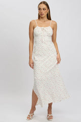 White Ditsy Midi Dress Gathering Bust Sleeveless