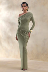 Rosirene | Olive Asymmetric-Neck Maxi Dress With Draped-Detailing
