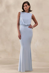 Elladine | Powder Blue Round-Neck Maxi Dress With Lace-Back And Bow-Detail