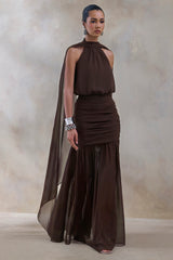 Veronique | Brown Halter-Neck Maxi Dress
