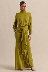 Perla | Olive High-Neck Maxi Dress With Gathered-Detailing