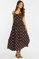 Brown Polka Dot Maxi Dress Halter Neck