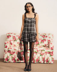 Miyori Square Neck Mini Dress in Grey Check
