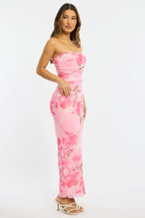 Pink Floral Strapless Maxi Dress