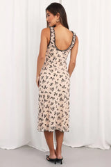 Beige Floral Midi Dress Mesh