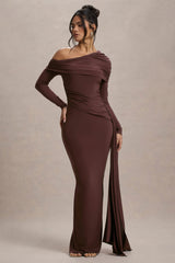 Valina | Brown Ruched Asymmetric Maxi Dress With Drape