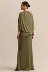 Marisea | Green Plunge-Neck Maxi Dress With Cape-Sleeves