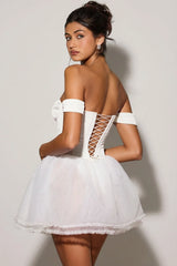 Off-Shoulder Layered Corset Micro Mini Dress in White