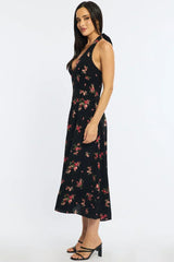 Black Floral Halter Neck Midi Dress