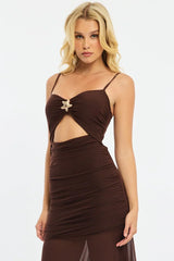 Brown Midi Dress Cut Out Mesh