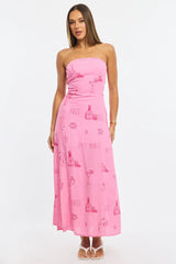 Pink Abstract Strapless Maxi Dress