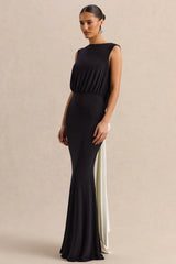 Elicette | Black Round-Neck Maxi Dress With Open-Back And Bow-Detail