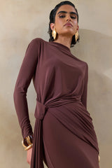 Kyrissa | Brown High-Neck Maxi Dress With Gathered-Detailing