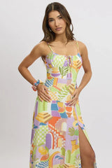 Multi Abstract Midi Dress Gathered Bust