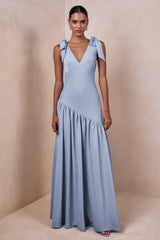 Cala | Powder Blue Matte Satin Plunge-Neck Maxi Dress With Bow-Sleeves