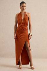 Azari | Rust Halter-Neck Wrap Maxi Dress With Gold Detail
