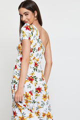 Multi Floral Print Midi Dress One Shoulder Short Sleeve