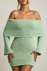 Bouclé Off-Shoulder Mini Dress in Mint