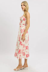 Red Abstract Midi Dress Ribbon Detail Strappy