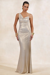 Galaxy Shimmer | Champagne Bias Cut Cowl Front Maxi Dress
