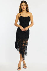 Black Midi Dress Asymmetric Hem Lace