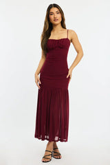 Red Maxi Dress Gathered Bust Mesh