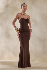Elodia | Brown Bandeau Maxi Dress With Gathered-Detailing
