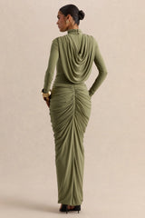 Harmona | Olive High-Neck Maxi Dress With Gathered And Draped-Detailing