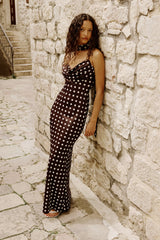 Emaria | Brown Polka-Dot Satin Cowl-Maxi Dress With Scarf