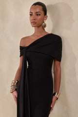 Esalina | Black Asymmetric-Neck Maxi Dress With Sash