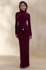 Ambrette | Dark Plum High-Neck Maxi Dress With Gathered-Detailing