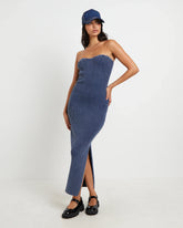 Kiah Acid Rib Knit Bandeau Midi Dress in Blue