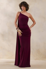 Bettine | Burgundy Asymmetric-Neck Maxi Dress With Cape-Sleeve