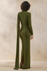 Oliria | Olive High-Neck Maxi Dress With One-Long Sleeve And Sash-Detail