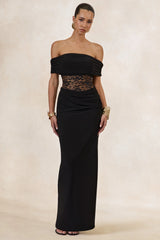 Forsya | Black Bardot-Neck Maxi Dress With Lace-Detailing