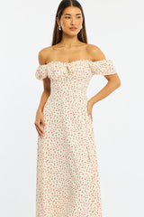 White Ditsy Midi Dress Puff Sleeve