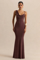 Armelia | Brown Cowl-Neck Maxi Dress With Scarf-Detail