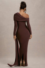 Valina | Brown Ruched Asymmetric Maxi Dress With Drape