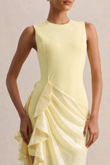 Ada | Lemon Crew-Neck Maxi Dress With Sheer Skirt And Ruffled Detailing