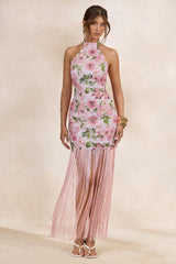 Lerisa | Pink Floral Print Lace Halter-Neck Fringed Maxi Dress