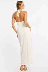 White Maxi Dress Beading Trim Textured Fabric
