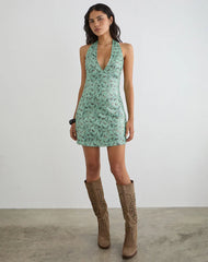 Hepasi Halter Mini Dress in Paisley Sequin Teal