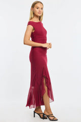 Red Maxi Dress Asymmetric Shoulder Mesh