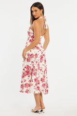Red Floral Halter Neck Midi Dress