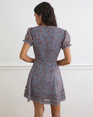 Koharu Mini Dress in Shadow Blossom Blue Chiffon