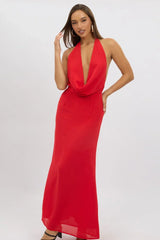 Red Cowl Neck Maxi Dress Chiffon