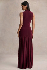 Gigi | Burgundy High-Neck Maxi Dress With Drop-Waist And Sheer Skirt