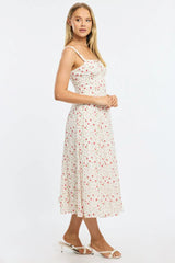 Red Ditsy Midi Dress Gathered Bust