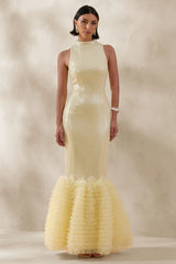 Teila | Lemon Sequin High-Neck Fishtail Maxi Dress